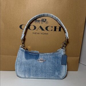 Coach Light Blue Denim Mini Shoulder Bag Blue Coach Leather Tag